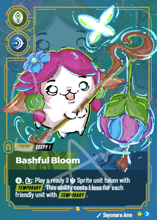 A fantasy trading card featuring the character 'Bashfulful Bloom' with pink hair, a white cat-like face, and a flower staff, set against a teal background with game text and icons.