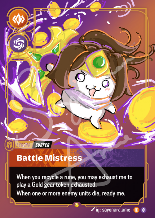 A collectible trading card featuring the character Battle Mistress, a cute white and brown cartoon creature with a gold headpiece and green gem. The card has a purple and gold background filled with floating gold coins, and text describing card effects.