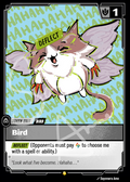 A collectible trading card featuring an illustrated bird-like creature with gray wings, a white belly, and orange claws, shown on a black card frame with text including 'Bird', 'DEFLECT', and 'Token Unit'.
