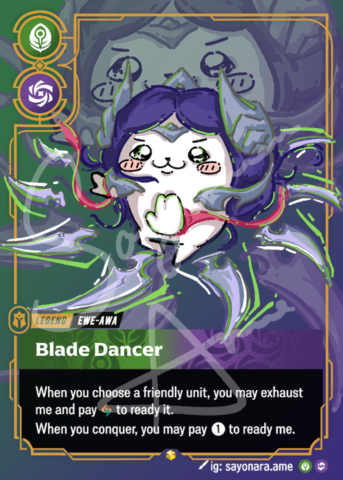 A fantasy trading card featuring the character Blade Dancer, with illustrated artwork of a white cat-like figure with purple hair and green blades, set against a dark green and purple card background with rules text below.