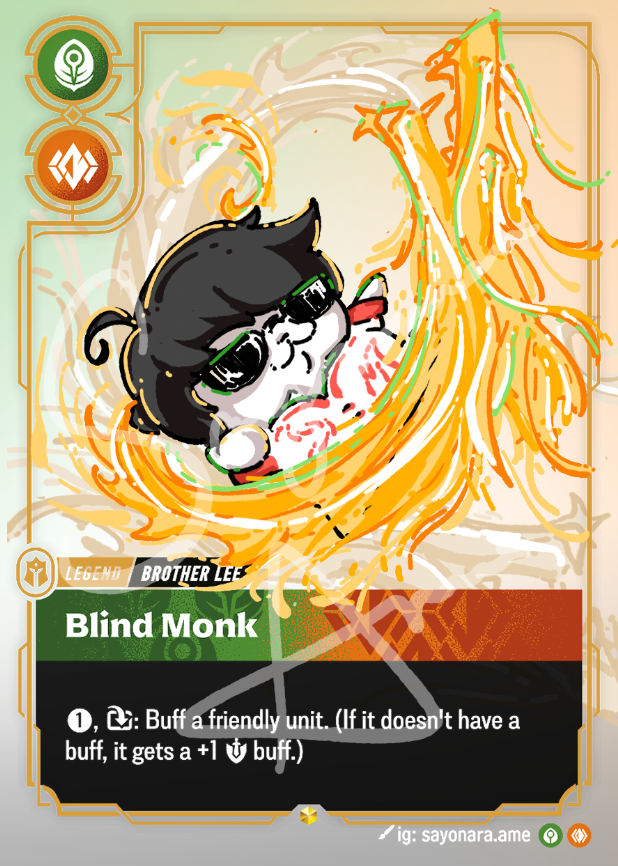 A collectible trading card featuring the character Blind Monk surrounded by orange flames. The card has a green border, a character illustration, and text boxes with game effects.