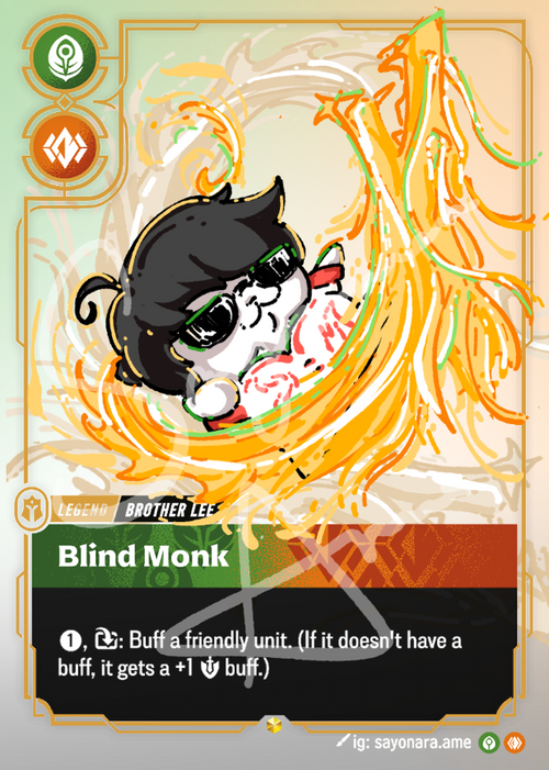 A collectible trading card featuring the character Blind Monk surrounded by orange flames. The card has a green border, a character illustration, and text boxes with game effects.