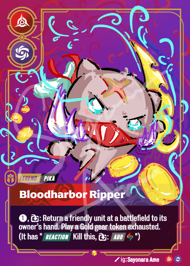 A collectible trading card featuring the character Pika in a stylized illustration, with the title 'Bloodharbor Ripper' and game text below on a purple and magenta card face.
