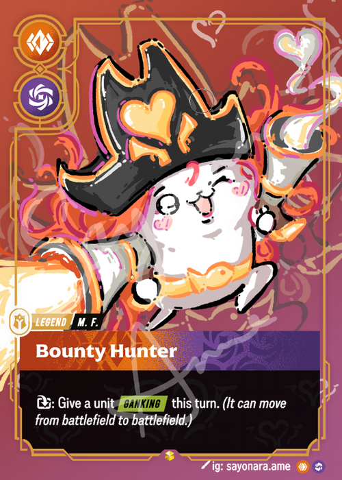 A fantasy trading card featuring an illustrated white creature wearing a black pirate hat with gold hearts, surrounded by fiery red and orange effects. The card includes the text 'Bounty Hunter' and game rules text at the bottom.