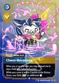 A collectible trading card featuring the character Chem-Baroness from Renawa Glass, with a chibi cat illustration, gold and pink accents, and game text on a stylized background.