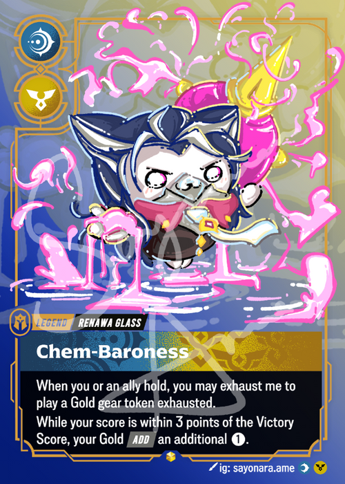 A collectible trading card featuring the character Chem-Baroness from Renawa Glass, with a chibi cat illustration, gold and pink accents, and game text on a stylized background.