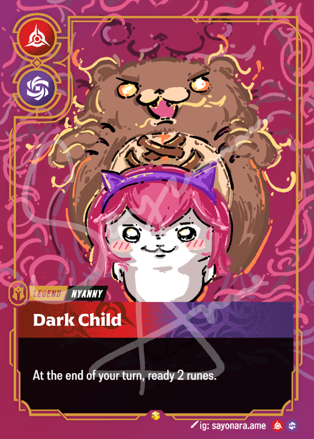 A stylized trading card or game card featuring an illustrated character with pink hair, purple cat ears, and a large brown bear-like figure behind her. The card has a magenta background with decorative swirls, gold borders, and text reading 'Dark Child' and 'At the end of your turn, ready 2 runes.