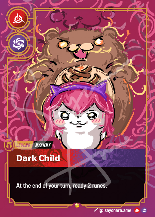 A stylized trading card or game card featuring an illustrated character with pink hair, purple cat ears, and a large brown bear-like figure behind her. The card has a magenta background with decorative swirls, gold borders, and text reading 'Dark Child' and 'At the end of your turn, ready 2 runes.