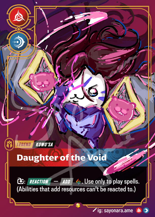 A collectible trading card featuring the character Kowo'sa, titled 'Daughter of the Void'. The card has a dark magenta and gold border, with an illustration of a white-faced character with dark hair surrounded by pink floating shapes.