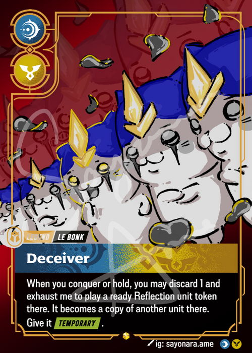 A collectible card featuring illustrated le bonks with blue hats and gold accents, titled 'Deceiver'. The card includes game text, status text, and icons for 'Legend' and 'Le Bonk'.