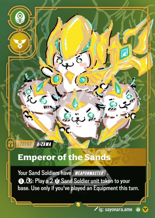 A fantasy trading card featuring the character A-Zawa, Emperor of the Sands, with stylized illustrations of sand cats in yellow and white with teal gems. The card has a green border, game icons in the top-left, and text boxes at the bottom describing card effects.