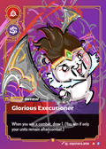 A fantasy trading card featuring the character Dravibear, titled 'Glorious Executioner,' with illustrated artwork of a white creature with brown hair and a sword on a purple and pink background.