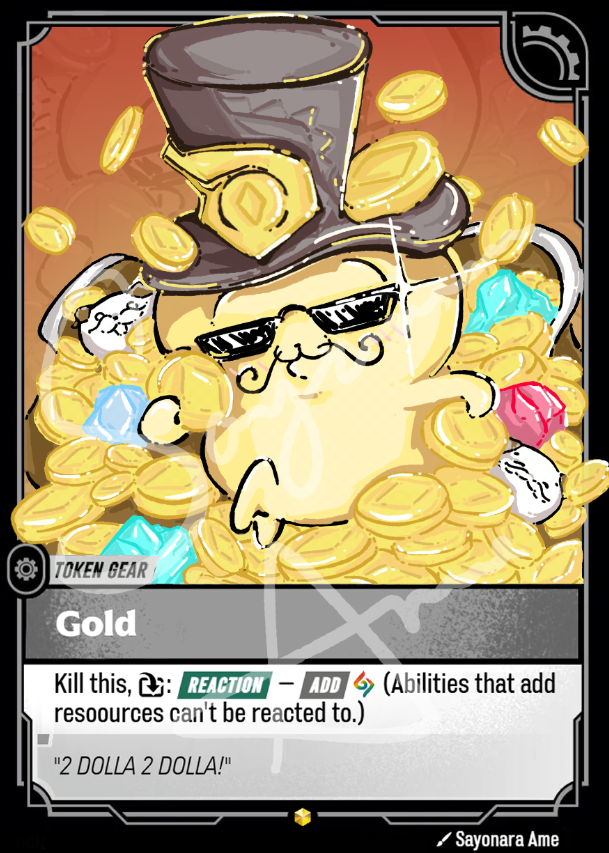 A collectible trading card featuring a cartoon gold bear wearing a top hat and sunglasses, surrounded by gold coins and colorful gemstones. The card has a dark border, the text 'Gold' at the bottom, and game text explaining its effects.