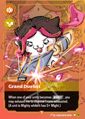 A collectible trading card featuring a stylized illustration of a white cat-like character with dark hair and pink accents, labeled 'Grand Duelist,' on a warm orange and gold card background with game text below.