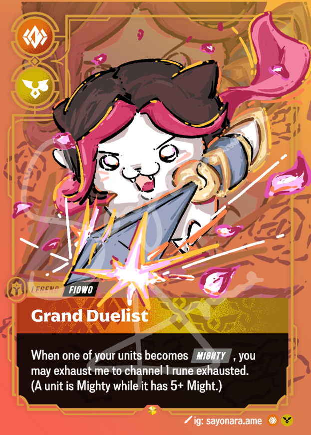 A collectible trading card featuring a stylized illustration of a white cat-like character with dark hair and pink accents, labeled 'Grand Duelist,' on a warm orange and gold card background with game text below.