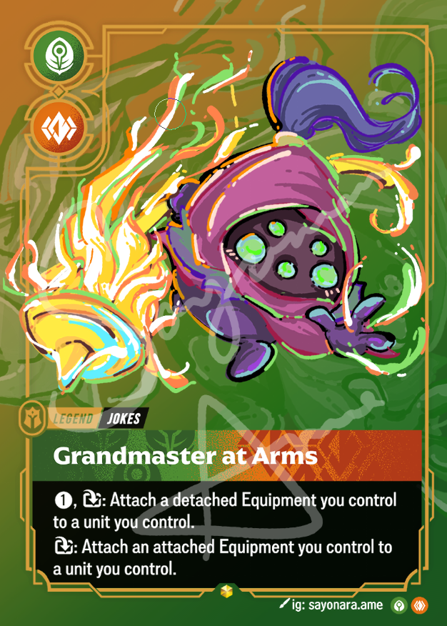 A fantasy trading card featuring the character Grandmaster at Arms, shown with colorful artwork of a purple creature surrounded by flames on a green card background.