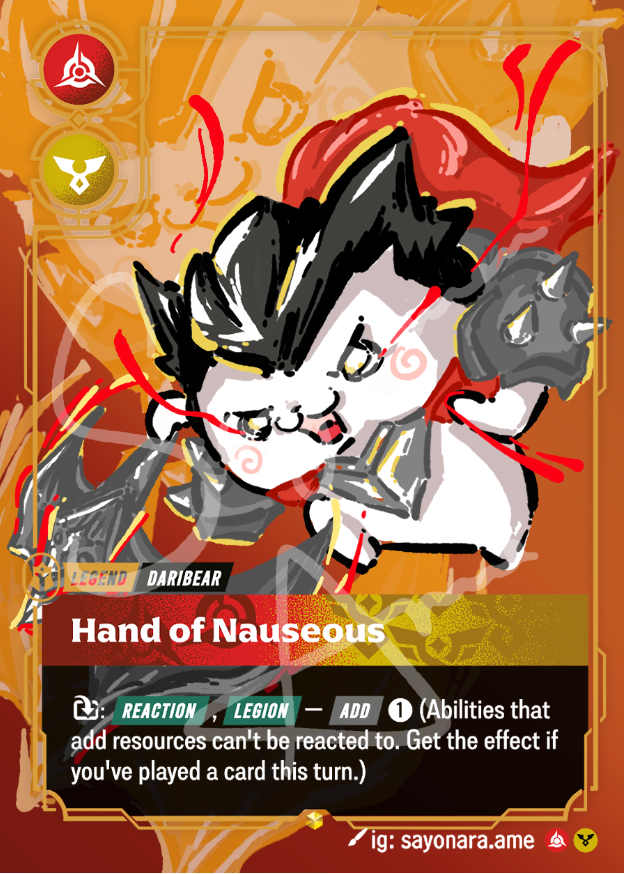 A collectible trading card featuring the character Daridear with the name 'Hand of Nauseous' printed below. The card has a warm orange and gold border, red text effects, and an illustration of a white, black, and red cartoon creature.