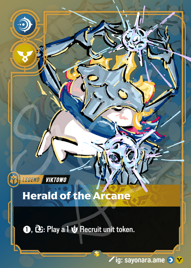 A fantasy trading card featuring the character Viktowo, titled 'Herald of the Arcane'. The card has a gold border, a dark green textured background, and an illustration of a knight in blue and white armor with yellow hair.