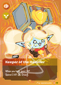 A stylized collectible card featuring a small cartoon creature with blonde hair, blue skin, and a hammer on its back, with the text 'Keeper of the Hammer' and game effect text below on an orange background.
