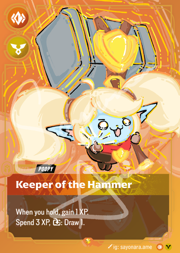 A stylized collectible card featuring a small cartoon creature with blonde hair, blue skin, and a hammer on its back, with the text 'Keeper of the Hammer' and game effect text below on an orange background.