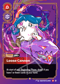 A collectible trading card featuring a chibi-style character with blue hair and a white body, surrounded by purple and pink energy effects. The card is labeled 'Loose Cannon' and includes game icons, a yellow 'Jowox' label, and a black text box with game instructions.