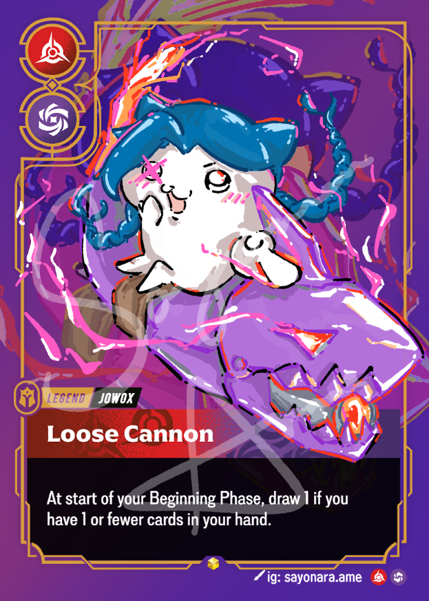 A collectible trading card featuring a chibi-style character with blue hair and a white body, surrounded by purple and pink energy effects. The card is labeled 'Loose Cannon' and includes game icons, a yellow 'Jowox' label, and a black text box with game instructions.