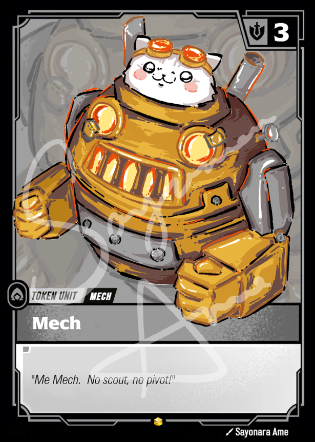 A collectible trading card featuring an illustrated cat in a steampunk-style robot outfit labeled 'Mech'. The card includes a token unit indicator, a power value of 3, the name 'Mech', and the text 'Me Mech.