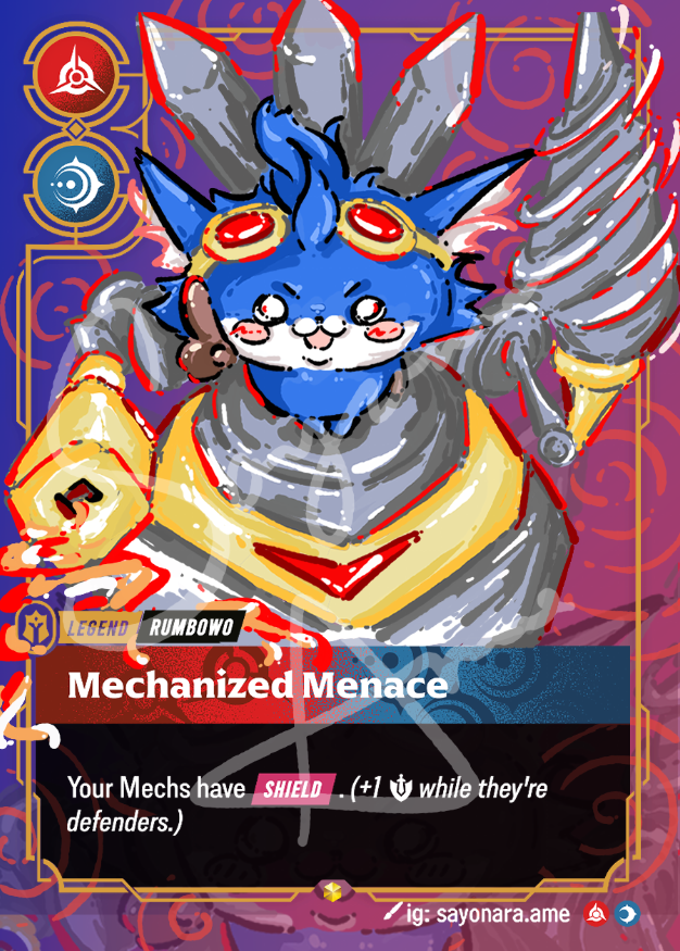 A collectible fantasy card featuring a blue cat-like mecha character with mechanical armor and weapons, titled 'Mechanized Menace'. The card includes game text, status icons, and a purple ornamental border.