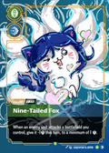 A collectible trading card featuring an illustrated nine-tailed fox with blue hair and white tails, with game text and status icons around the border.