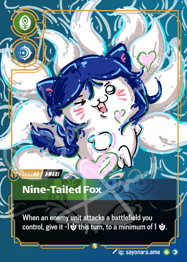 A collectible trading card featuring an illustrated nine-tailed fox with blue hair and white tails, with game text and status icons around the border.