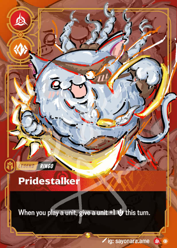 A collectible card featuring a stylized illustration of a gray cat-like creature with glowing yellow energy effects and red accents. The card includes the name 'Pridestalker' and game text, with a red and gold border and small player branding at the bottom.