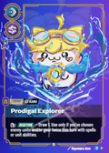 A collectible trading card featuring a stylized illustration of a yellow-haired character wearing goggles and surrounded by blue water, with the card name 'Prodigal Explorer' and text including 'Ez Kawa' and 'Sayonara Ame'.