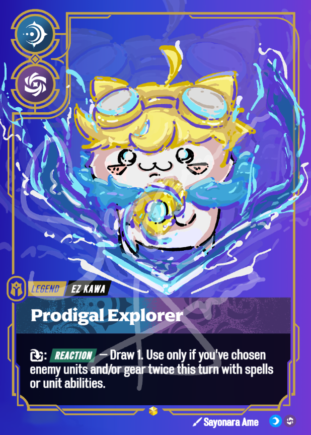 A collectible trading card featuring a stylized illustration of a yellow-haired character wearing goggles and surrounded by blue water, with the card name 'Prodigal Explorer' and text including 'Ez Kawa' and 'Sayonara Ame'.