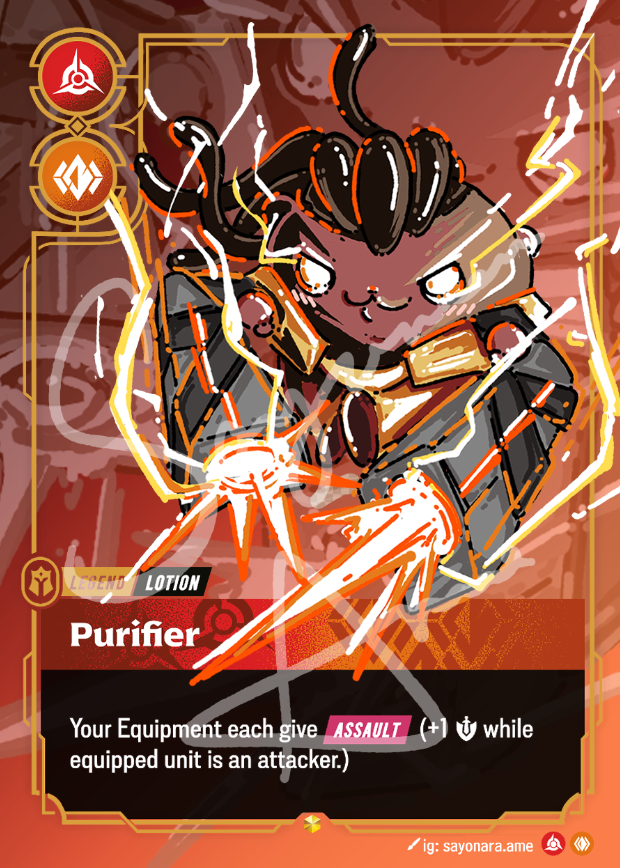 A collectible trading card featuring a stylized chibi character labeled 'Purifier' with attack text and game effects, shown on a red-orange card background with decorative frame elements.