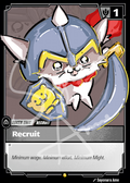 A collectible trading card featuring a stylized cat character in a blue and gray helmet with a red crest, holding a shield and sword. The card is labeled 'Recruit' and includes game text and a small 'Sayonara Ame' credit at the bottom.