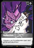 A collectible trading card featuring stylized artwork of a split purple and white character, with the card name 'Reflection' and playtext below on a dark card frame.