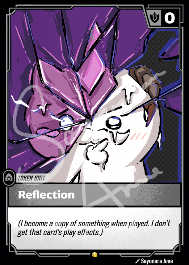 A collectible trading card featuring stylized artwork of a split purple and white character, with the card name 'Reflection' and playtext below on a dark card frame.