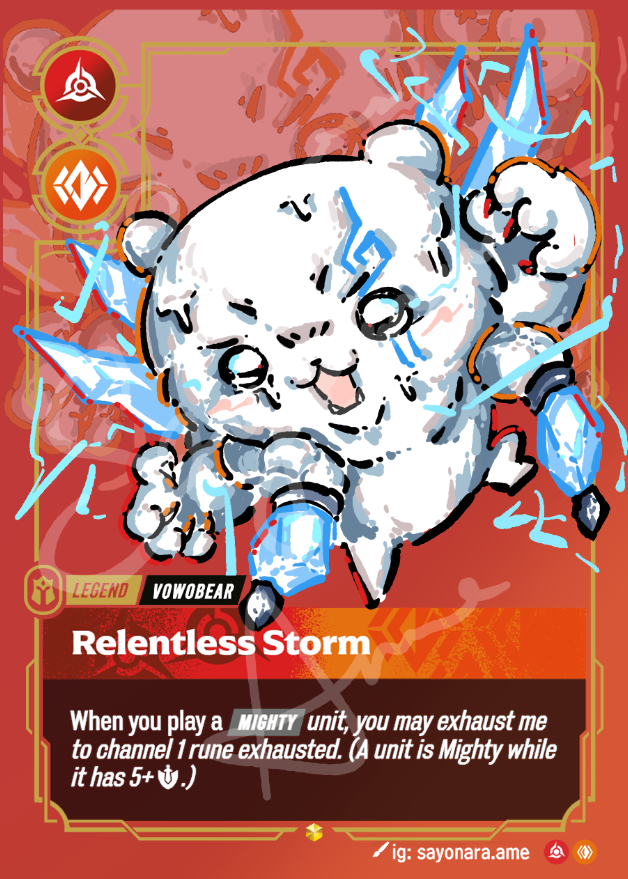 A collectible card featuring a cartoon bear character surrounded by blue ice effects, with the text 'Relentless Storm' and game mechanics on a red-orange card background.