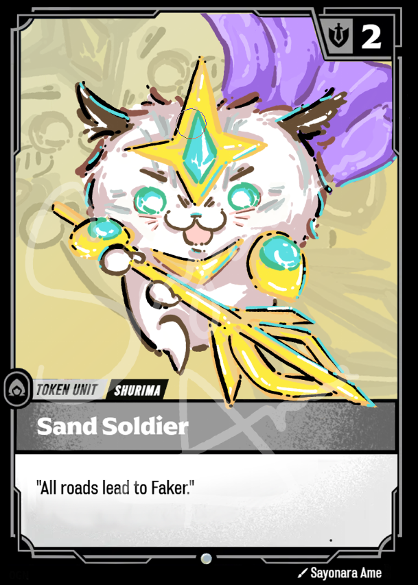 A collectible fantasy trading card featuring a stylized white cat character with turquoise eyes, a yellow star headpiece, and purple hair, labeled 'Sand Soldier' with the text 'All roads lead to Faker.' The card has a black border, a yellow-beige background, and a small '2' in the top-right corner.