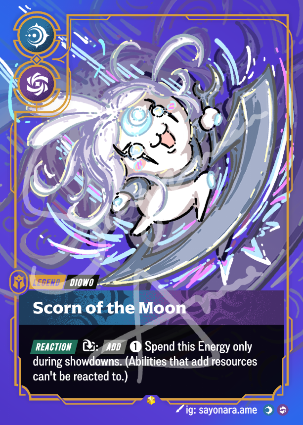 A collectible trading card featuring the character Diowo, 'Scorn of the Moon,' with a purple and blue background, action icons, and game text details.