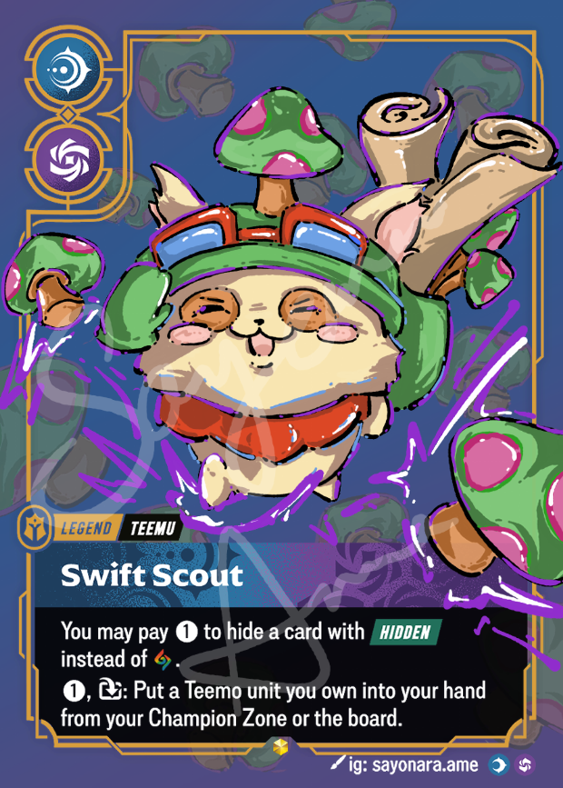 A collectible trading card featuring the character Swift Scout, a small beige creature wearing green goggles and a green hat with pink mushrooms, on a dark blue card face with gold borders and rules text.