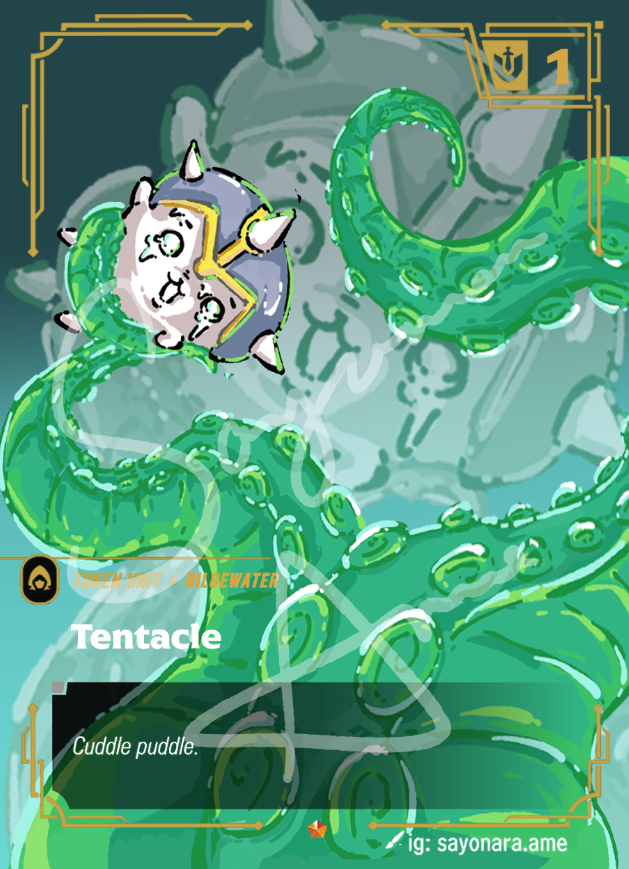 A collectible card featuring a cute green tentacle character wrapping around a small gray and white plushie. The card has a teal and green background with gold borders, labeled 'Tentacle' and 'Cuddle puddle.