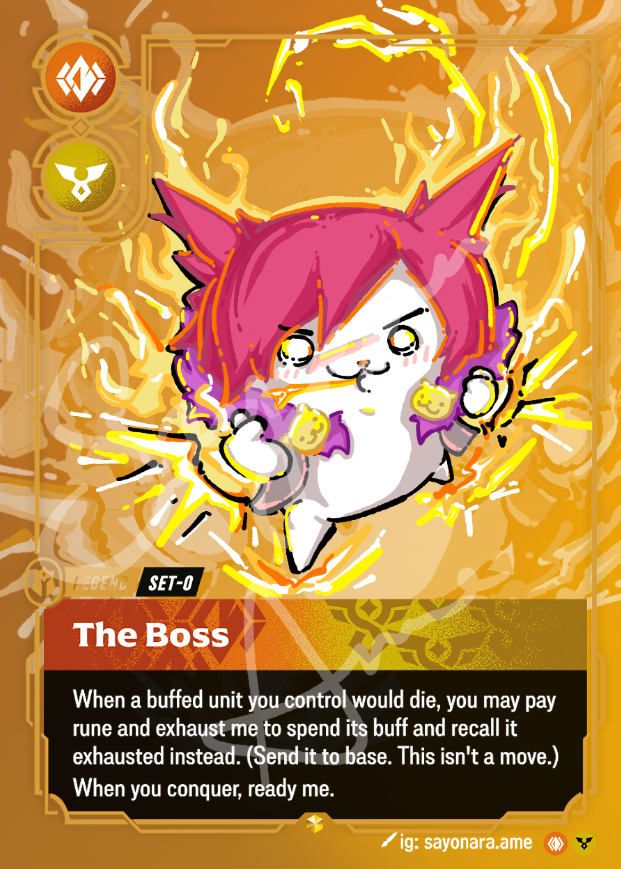 A collectible game card featuring a cute white cat character with pink hair surrounded by yellow energy effects. The card is titled 'The Boss' and has a warm orange and yellow design with text describing game mechanics.
