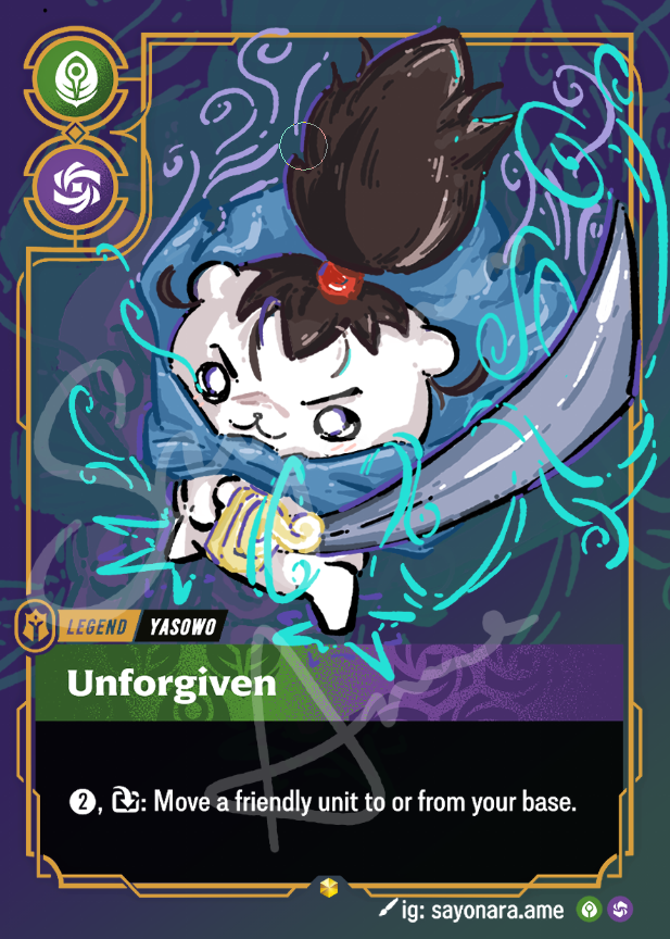 A fantasy trading card featuring a chibi-style character with dark hair and a red headband, surrounded by glowing cyan energy effects. The card has an ornate gold border, the name 'Unforgiven' at the bottom, and game text in a black panel.