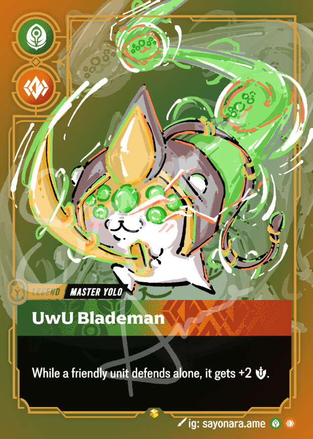 A fantasy trading card featuring the character UwU Brademan, illustrated as a white cat with a sword and glowing green energy effects. The card has a green and orange design with text details and game icons.