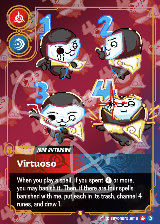 A collectible trading card featuring the character Virtuoso, shown with four illustrated animations of the character in the top half and card text in the bottom half. The card has a red and gold border with blue and red icon accents.
