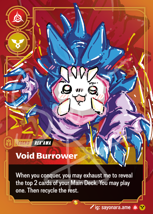 A collectible trading card featuring a stylized blue and white creature labeled 'Void Burrower' on a red-orange background with fantasy-style icons and text boxes.