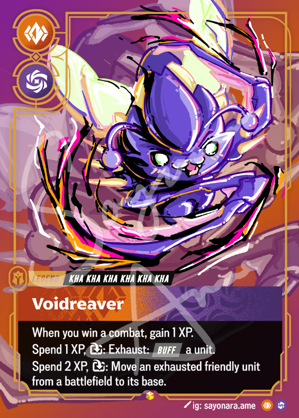 A collectible trading card featuring the character Voidreaver, illustrated in a stylized purple and black creature design with neon accents. The card includes game text boxes and icons, set against a warm orange-brown background.