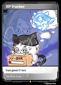A collectible trading card titled 'XP Tracker' featuring a cartoon black-and-white cat drawing on a cardboard box labeled 'XP-BAR' while dreaming of a glowing blue cat in a cloud. The card has a gray border and text reading 'Track gained XP here.