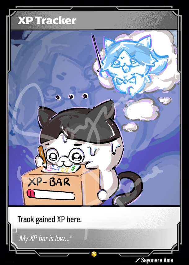 A collectible trading card titled 'XP Tracker' featuring a cartoon black-and-white cat drawing on a cardboard box labeled 'XP-BAR' while dreaming of a glowing blue cat in a cloud. The card has a gray border and text reading 'Track gained XP here.